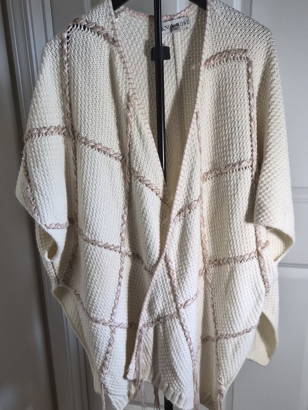 Knox Rose Cream Open-Front Knit Poncho with Tan Stitching